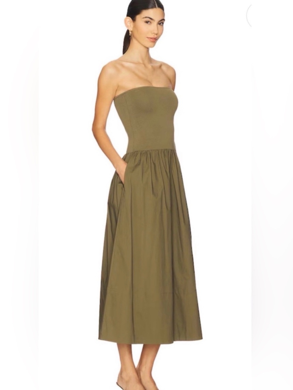 NWT Pistola Mavo Strapless Midi Dress Rich Olive Size Large Poplin Skirt